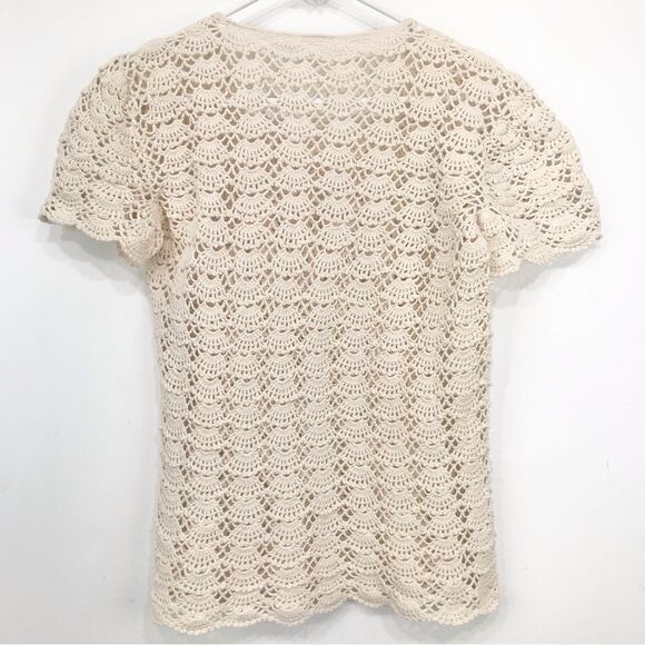 Cream Crochet Open Knit Feminine Short Sleeve Boho Beach Top - Picture 6 of 13